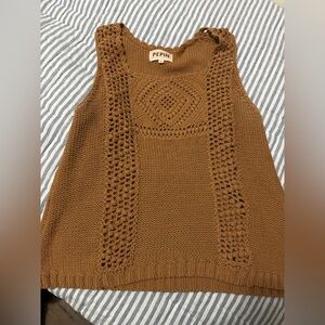 Pepin Anthropologie Brown Crochet Square Neck Sleeveless Tank Knit Sweater